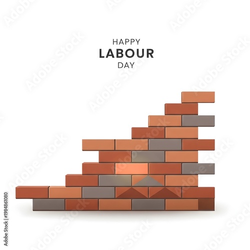 Happy Labour Day Greeting Card with 3D Brick Wall Construction on White Background