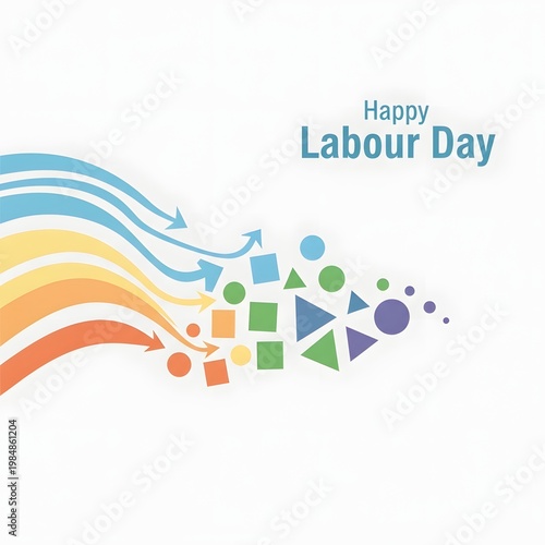 Happy Labour Day Greeting Card with Colorful Arrows and Geometric Shapes