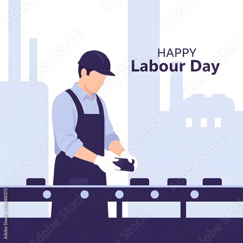 Happy Labour Day illustration with industrial factory worker at assembly conveyor belt.