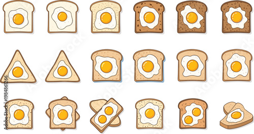 Large collection of fried egg on toast vector illustrations featuring various bread types whole wheat white and sourdough isolated on white background.