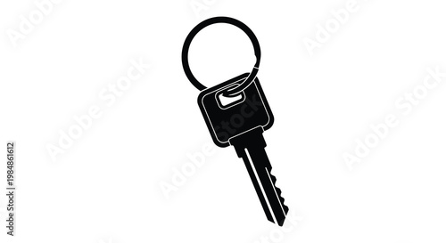 A simple black and white silhouette of a key on a keyring