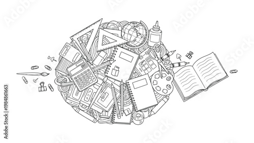 School Supplies Arrangement: An illustration showcasing a variety of school supplies, art tools, and stationary arranged in a creative and organized composition, ideal for educational content.