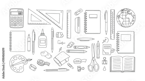 Stationery Collection: An orderly arrangement of school and office supplies, captured in an overhead shot, evoking creativity and learning. 