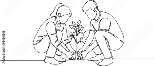 Couple planting a young tree line art vector for eco and sustainability concept