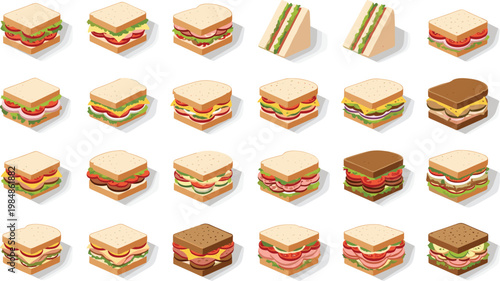 Large collection of various sandwich vector illustrations featuring club sandwiches triangles and subs with fresh ingredients isolated on white background.