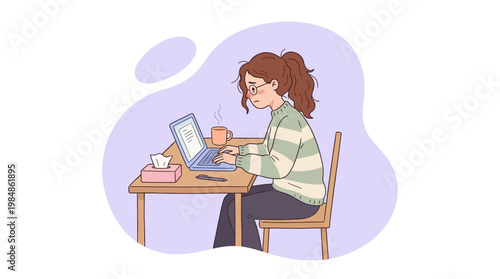 Sick woman with cold and flu symptoms working from home on laptop