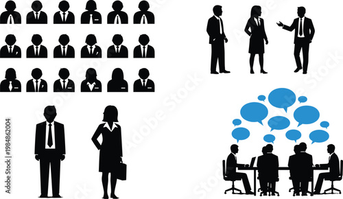 business people silhouettes collection, corporate avatars and office professionals, teamwork communication, meeting discussion, men and women standing, boardroom concept, vector illustration