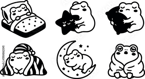 Black and white vector art cute sleeping and hugging frogs with stars and moon