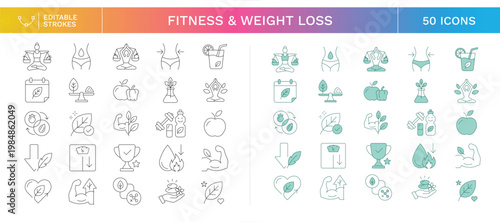 Weight Management and Wellness Monitoring Line Icons for Fitness Apps, Diet Planning, Hydration Tracking and Healthy Routine Editable Stroke Vector Set