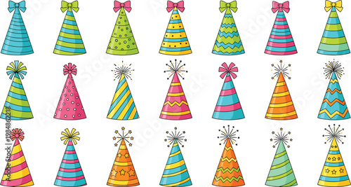 Colorful collection of birthday party hat vector illustrations with various patterns stripes and stars isolated on white background for celebrations.