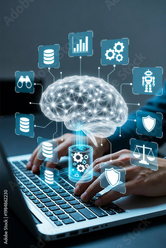 Futuristic digital brain interface connected to technology and data on a laptop keyboard