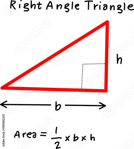Right triangle diagram illustrating area calculation with base and height, showing formula 1/2 × b × h, labeled sides and right angle for geometry learning.