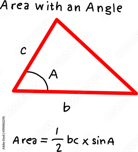 Triangle diagram showing area calculation using two sides and included angle, with formula 1/2 bc sin A, labeled sides and angle in geometry concept.