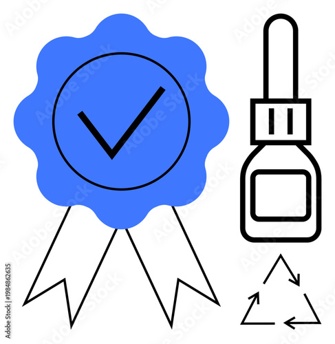 Sustainability, quality assurance, eco-friendly packaging, recycling, product certification, safety compliance. Blue ribbon with checkmark, recycling triangle and dropper bottle. Sustainability