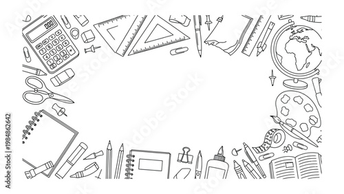 Essential Stationary Elements: A detailed illustration showcasing a variety of essential stationary elements, forming a creative border or frame for various design purposes.