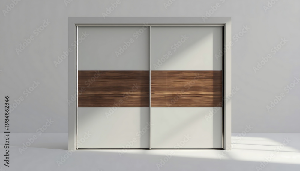 Fototapeta premium A modern sliding door with a wooden panel in a minimalist room
