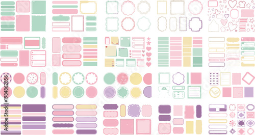 Large Pastel Stationery Vector Set Featuring Blank Labels Frames Note Pads And Decorative Stickers For Digital Journaling And Planner Design