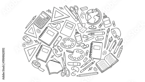 Stationery Supplies Array: A collection of various stationery essentials, neatly arranged in a close-up overhead shot, provides a detailed and organized visual experience.