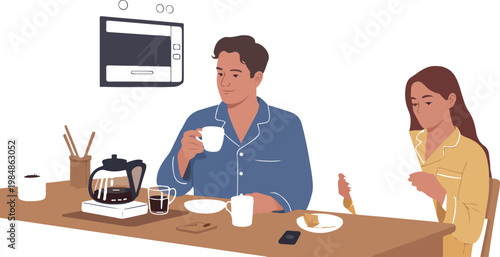 Couple having breakfast at table. vector illustration flat design. man and woman drinking coffee in morning.