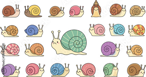 Large set of cute cartoon snail vector illustrations featuring various colorful shells and charming facial expressions isolated on white background