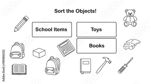 Sorting Objects: A black and white illustration of school item, toys and books. 