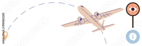Travel planning, flight navigation, aviation monitoring, tourism, air transport, location services. Airplane flying over dotted path with map pin and navigation symbols. Travel planning and aviation