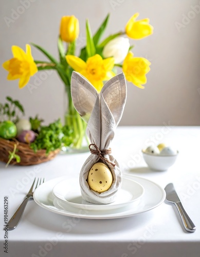 Easter place setting with linen bunny, egg, flowers. Bright, neutral tones