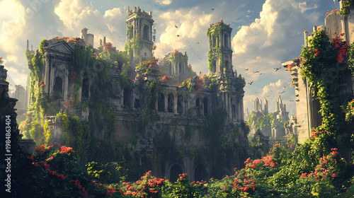 Ancient Ruins Amidst Nature's Embrace: An evocative image of time's passage as nature reclaims an ancient structure, merging with the vibrant beauty of surrounding vegetation.