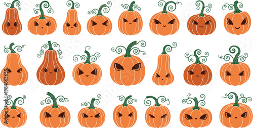 Spooky Halloween Jack O Lantern Pumpkin Face Collection With Various Evil Expressions And Curvy Green Stems On White Background