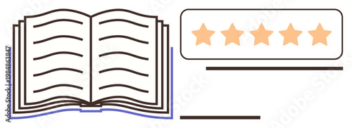 Education, knowledge, reviews, literature, publishing, quality. An open book alongside a five-star rating symbol. Education and knowledge focus on the value of literature and reader feedback
