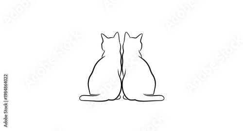 Two cats sitting back to back simple line art on transparent background silhouette