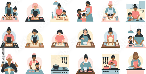 Large collection of flat vector illustrations featuring diverse women and families baking kneading dough and cooking in the kitchen together.