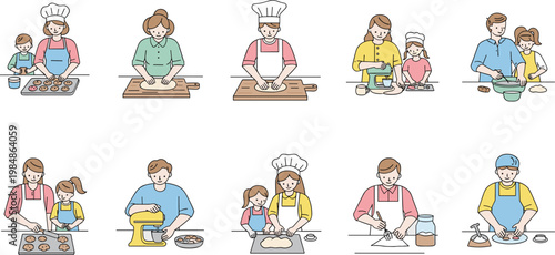 Large collection of family baking vector illustrations featuring parents and children kneading dough mixing ingredients and making cookies together.