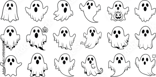 Large collection of hand drawn spooky ghost vector illustrations in outline style for Halloween festive decorations and creepy holiday party invitations.