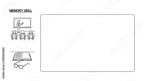 Memory Skill in Classroom: An illustration of a classroom scene with the word memory skill to visualize the process of learning and education.