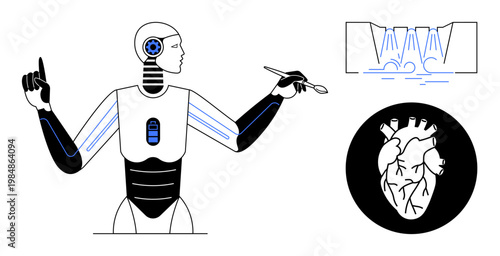 Medical technology, surgical robotics, AI in healthcare, precision surgery, innovation in medicine, futuristic healthcare. Robotic figure using tools, heart illustration medical diagram. Medical