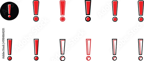 Set of red exclamation mark icons with black outlines for alert warning notification and error message symbols for digital interfaces.