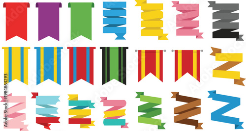 Large collection of colorful flat ribbon banners and hanging pennants for marketing promotions labels and celebratory graphic design projects.