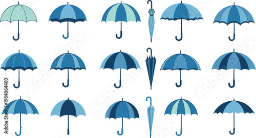 Large set of blue umbrella icons in various styles including open and closed positions for weather protection rain and autumn seasonal concepts.