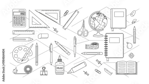 School Supplies: A meticulously arranged collection of essential school supplies, each item outlined with precision, creating a visually engaging composition.
