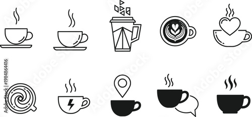 Black and white coffee cup with various hot beverage symbols