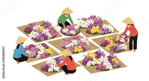 people preparing flowers for market, flower arrangement, asian workers