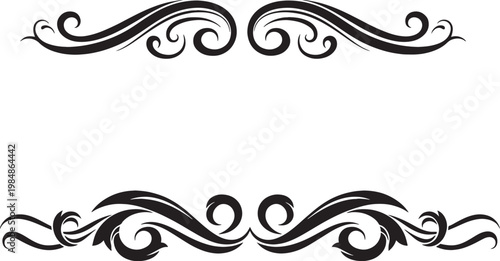 Black ornamental swirls, decorative borders on white background