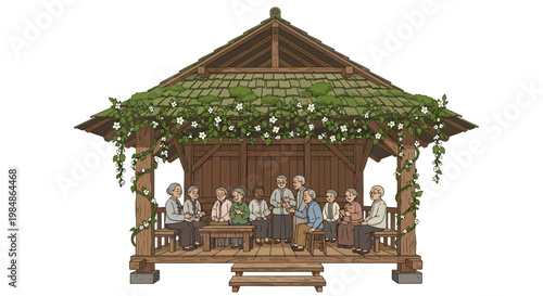 people sitting in a gazebo, social gathering, outdoor meeting