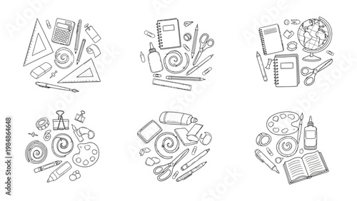 School Supplies Assortment: A diverse collection of school essentials, including notebooks, pens, and geometry tools, organized in neat arrangements.