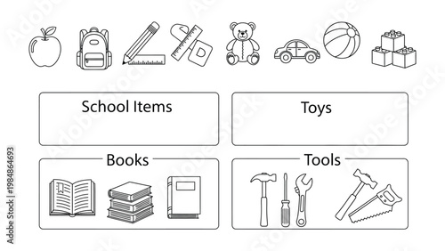 A Collection of Icons: A neat presentation of essential school supplies, playful toys, and handy tools organized within clearly labeled categories. 