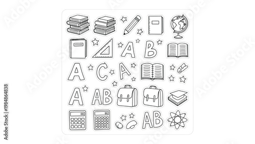 Education Essentials: A collection of educational elements, ideal for illustrating learning, knowledge, and academic pursuits.