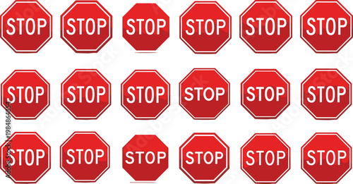 Red octagonal stop sign icons set with various subtle shading and flat design styles for traffic safety road regulations and warning concepts.