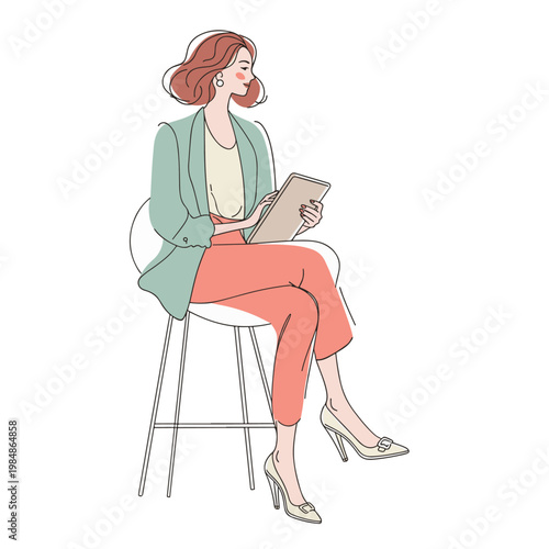 Businesswoman Sitting on Chair Using Digital Tablet Vector Background