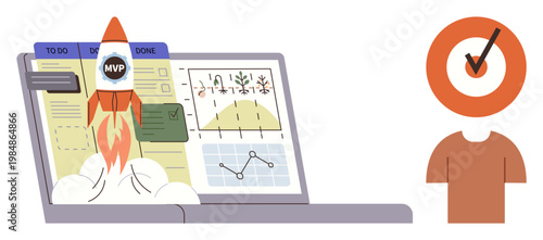 Business growth, startup launch, project goals, task management, team success, data tracking. Rocket launching from laptop with charts and to-do list. Startup launch and business growth